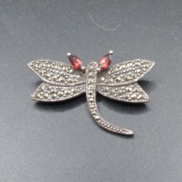 Vintage Marcasite Garnet Critter Brooch 925 Sterling Silver - Picture 1 of 4